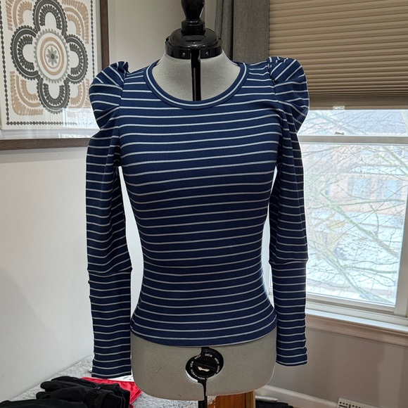 Maeve Tops - Maeve Striped Women's Top with Puff Sleeves and button details
